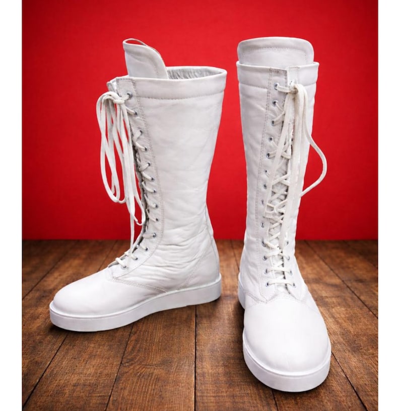 Men White Wrestling Boots | Tall Boots With Rubber Sole | Custom Wrestling Boots | Handmade White long Wrestling Boot | Lace Up Shoes image 3