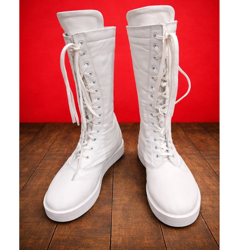 Men White Wrestling Boots | Tall Boots With Rubber Sole | Custom Wrestling Boots | Handmade White long Wrestling Boot | Lace Up Shoes image 6