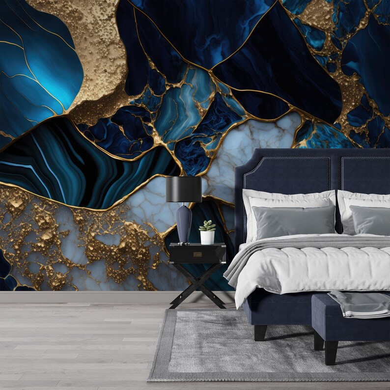Luxury Blue Gold Marble Wallpaper Modern Accent for Bold Interiors ...