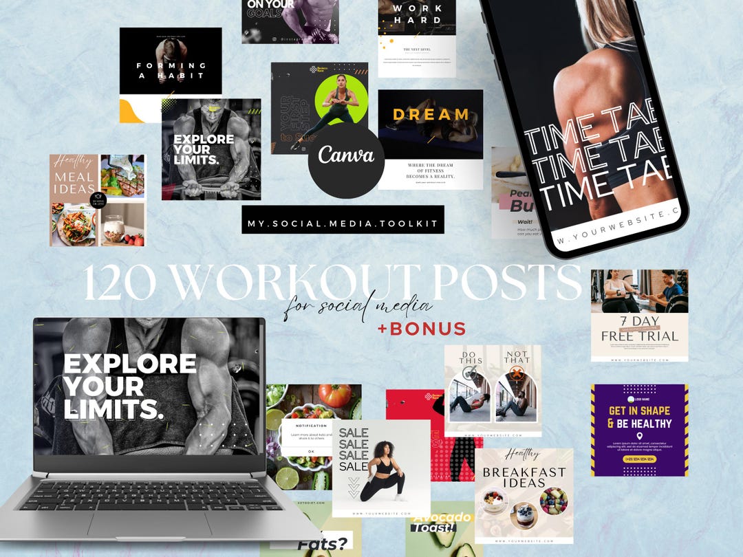 120 Fitness Instagram Templates, Workout Social Media Bundle, Canva ...