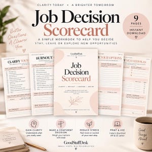 May include: A nine-page Job Decision Scorecard workbook featuring a cover page and multiple internal sheets with checklists and prompts for career evaluation. The design uses a soft color palette with black text and light pink accents throughout.