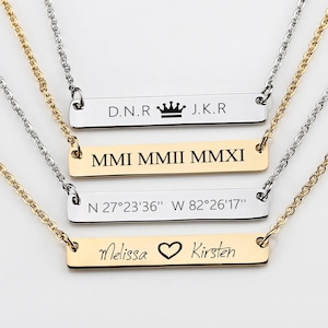 Personalised Bar Necklace, Gold Bar Necklace, Custom Name Bar Necklace Engraved Roman Necklace Name Bar Necklace Monogram Necklace Gift Her