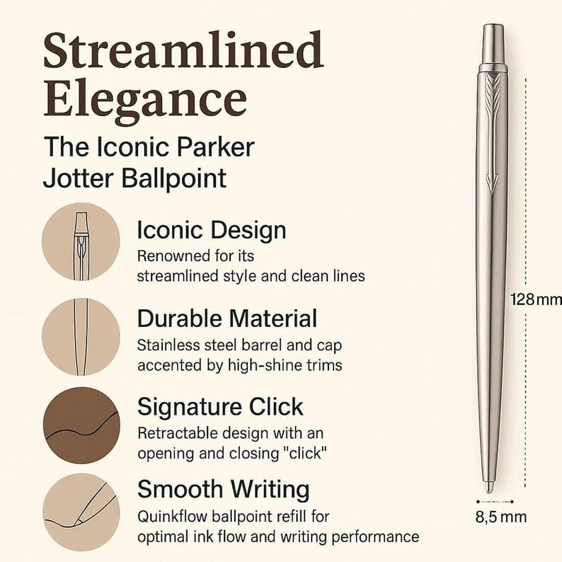 K&ouml;nnte beinhalten: Ein silberner Parker Jotter Kugelschreiber mit einem Geh&auml;use und einer Kappe aus Edelstahl sowie einem pfeilf&ouml;rmigen Clip. Der Stift ist 128 mm lang und 8,5 mm breit. Der Text auf dem Bild umfasst Streamlined Elegance, The Iconic Parker Jotter Ballpoint, Iconic Design, Durable Material, Signature Click und Smooth Writing.