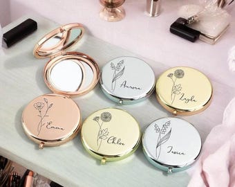 Espejo compacto personalizado, espejo de maquillaje grabado, regalo de dama de honor, espejo de bolsillo personalizado, espejo compacto de lujo para boda, espejo de dama de honor.