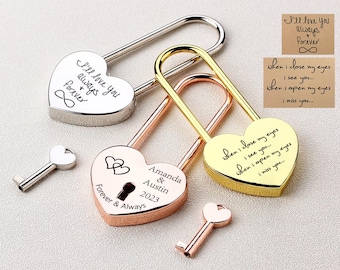 Personalised Heart Love Lock with Key, Personalised Lock for Love, Love Padlocks, Custom Wedding Engagement Anniversary Gift, Long Lock