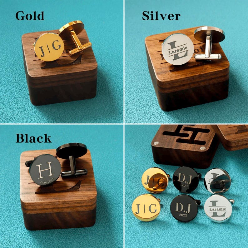 May include: Set of cufflinks in gold, silver, and black with engraved initials and dates. The cufflinks are displayed in wooden boxes.