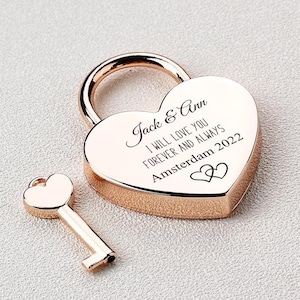 Cadeado de amor de coração com chave, Cadeado personalizado para o amor, Cadeados de amor, Presentes personalizados para casais de aniversário de casamento e noivado, Presente de cadeado de lua de mel