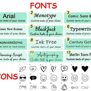 K&ouml;nnte beinhalten: Eine Auswahltafel f&uuml;r Schriftarten und Symbole mit zw&ouml;lf nummerierten Schriftstilen namens Arial, Monotype, Comic Sans MS, Times New Roman, BlackJack, Typewriter, EngraversGothic, Ink Free, Century Gothic, Dancing Script, Autography und Berlin Sans FB.
