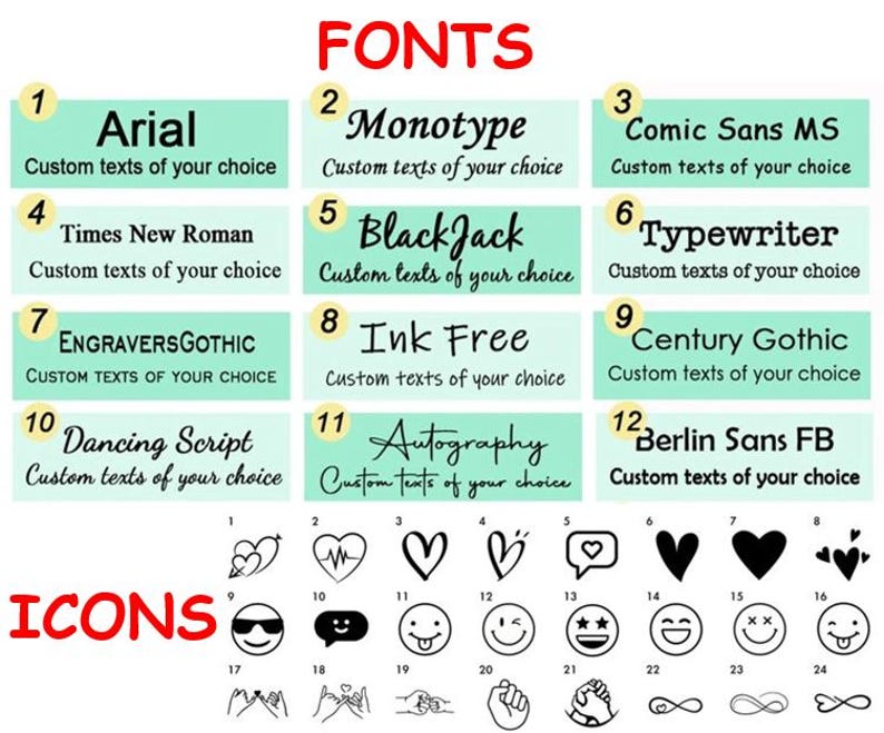 K&ouml;nnte beinhalten: Eine Auswahltafel f&uuml;r Schriftarten und Symbole mit zw&ouml;lf nummerierten Schriftstilen namens Arial, Monotype, Comic Sans MS, Times New Roman, BlackJack, Typewriter, EngraversGothic, Ink Free, Century Gothic, Dancing Script, Autography und Berlin Sans FB.