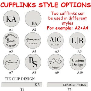 May include: A chart showing different cufflink styles with various designs, including initials, dates, and custom options. The chart also includes a tie clip design with a "KA" initial.