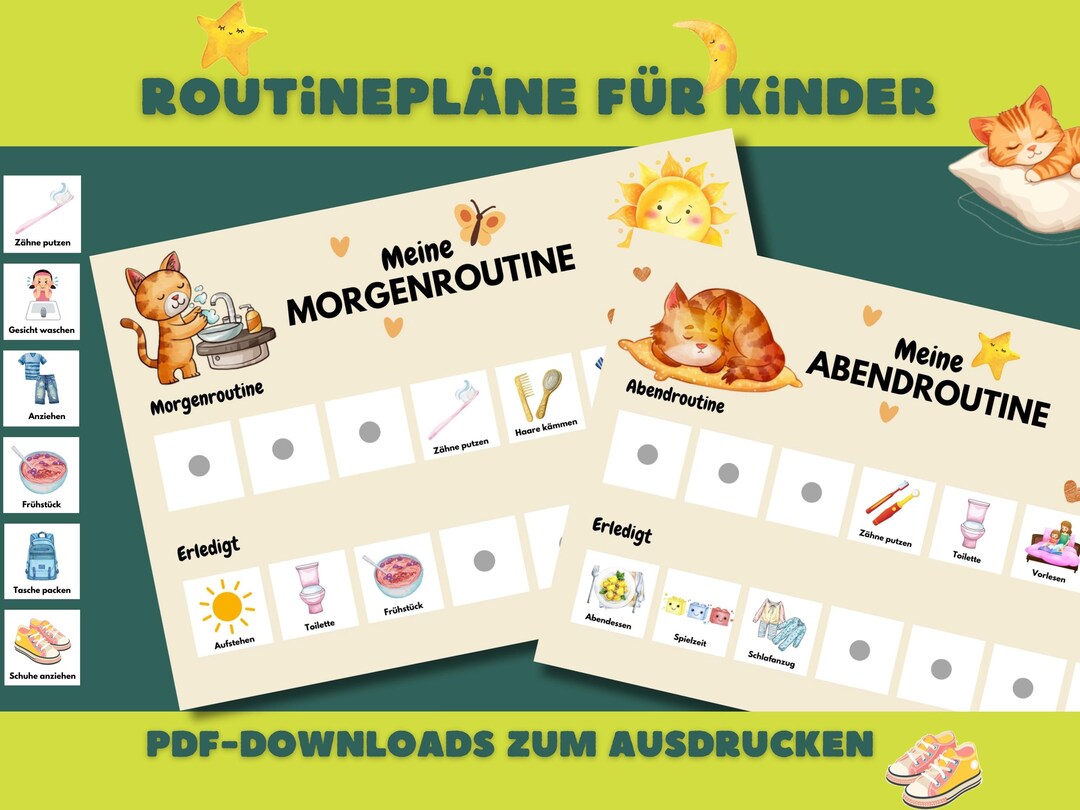 Printable Morning and Evening Routines for Children With a Cat Motif ...