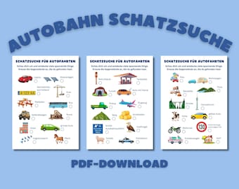 Highway treasure hunt / treasure hunt on car journeys for children from 4 years to print out, search game for travelling by car or train
