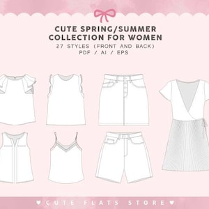 27 ファッションフラットスケッチ - 女性向けのかわいい SS コレクション - 正面/背面ビュー - 技術シートのテンプレートバンドル - 衣料品ブランドデザイン