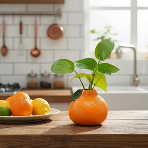 May include: An orange ceramic vase shaped like an orange, holding a green plant with large leaves. A white plate of oranges, lemons, and a lime sits nearby on a wooden table. The kitchen background includes a white sink and copper cookware.