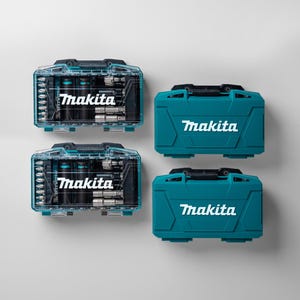 May include: Four Makita tool cases. Two cases are transparent with visible tools inside, and two are solid teal. All cases have the Makita logo in white. The cases are arranged on a light gray background.