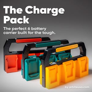 May include: Three battery carriers, one red, one green and one yellow, with black handles. The carriers are stacked on top of each other. The text "The Charge Pack" is at the top of the image. The text "The perfect 6 battery carrier built for the tough." is below the title. The text "by arbiteusa.com" is at the bottom of the image.
