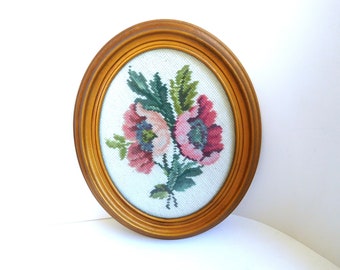 Vintage floral needlepoint picture pink poppies oval frame