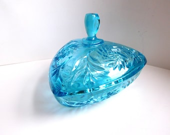 Vintage aqua triangular candy dish with lid Hazel Atlas