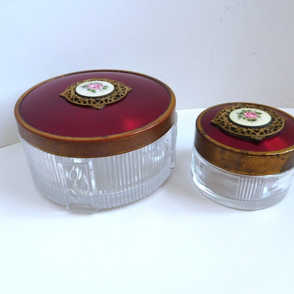 Vintage round glass dresser jar set Vanity boxes