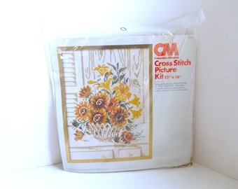 Vintage cross stitch picture kit basket of flowers Columbia Minvera 1970s