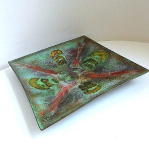 Vintage enamel over copper square art dish trinket tray