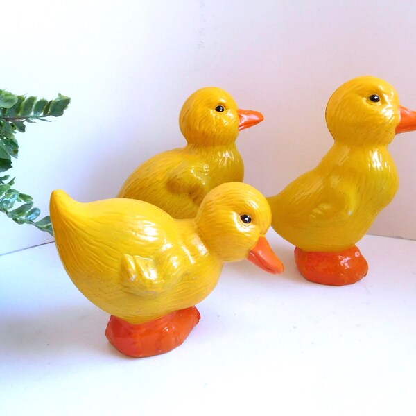 Vintage yellow duck figurines set of three Easter decor Spring decor