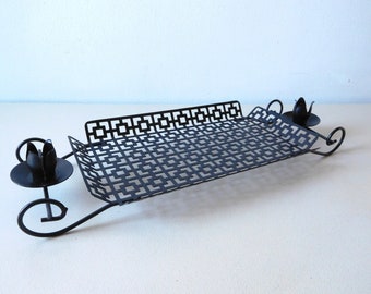 Vintage mid-century black mesh console tray with candle holders