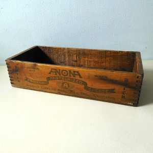 Antique dovetailed wood cheese box with lettering Anona Cheese Co