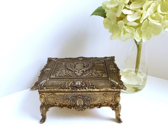 Vintage metal jewelry casket Hollywood Regency trinket box