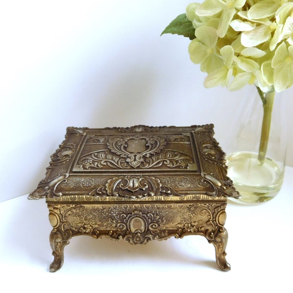 Vintage metal jewelry casket Hollywood Regency trinket box