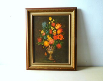 Vintage flowers in vase large framed print faux oil painting orange yellow