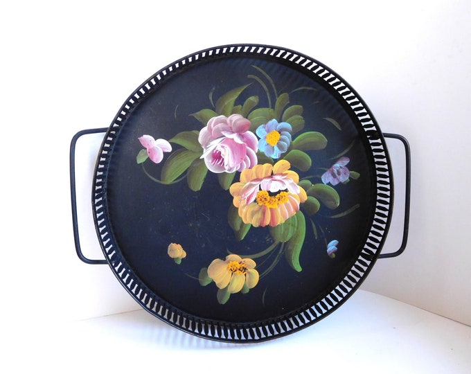 Vintage Hand Painted Black Metal Tray With Roses Etsy