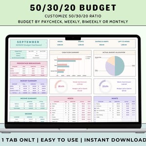 Puede incluir: Una pantalla de portátil que muestra una plantilla de presupuesto 50/30/20. La hoja de cálculo muestra datos financieros, gráficos y diagramas, con el texto "50/30/20 Budget" y "Personalizar la proporción 50/30/20". El texto "1 pestaña solamente | Fácil de usar | Descarga instantánea" también es visible.