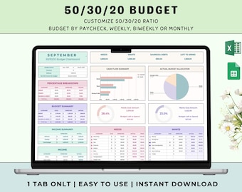 50/30/20 Budget Spreadsheet Google Sheets Excel Template Monthly Budget for Needs Wants Savings Paycheck Budget 70/20/10 Weekly Budget