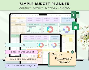 Simple Budget Planner Spreadsheet, Monthly Paycheck Budget, Monthly Budget Tracker, Weekly Biweekly Budget, Google Sheets Excel Template