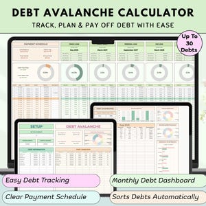 May include: A digital debt avalanche calculator displayed on a laptop and two tablets. The screens show financial spreadsheets with charts and tables. Text includes "Debt Avalanche Calculator", "Track, Plan & Pay Off Debt With Ease", and "Up To 30 Debts".
