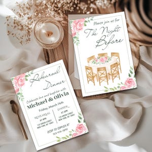 Plantilla de invitación a la cena de ensayo con flores, invitación electrónica de la noche anterior, invitación a la cena de ensayo con rosas en rosa ruborizado, plantilla editable de Canva
