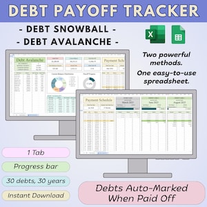 Calculadora de avalancha de deudas, Rastreador de pagos de deudas, Hojas de cálculo de Google Excel, Rastreador de pagos de deudas digitales, Rastreador de préstamos, Planificador para liberarse de deudas