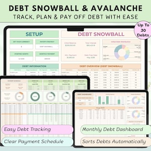 May include: A digital debt tracker displayed on a tablet and two other devices. The screens show financial spreadsheets with the text "DEBT SNOWBALL & AVALANCHE" and "TRACK, PLAN & PAY OFF DEBT WITH EASE". The interface includes charts and tables for debt management.