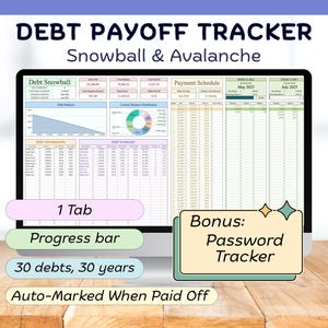 Bola de nieve de deuda Avalancha Hoja de cálculo de Excel Hojas de cálculo de Google Rastreador de pago de deuda Calculadora de bola de nieve de deuda Método de avalancha Rastreador de deuda mensual