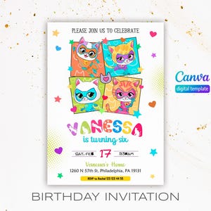 SuperKitties invitation, Printable Editable Super Kitty Invite, SuperKitty Birthday Party invite template, Kitten Invitation Cute Invite