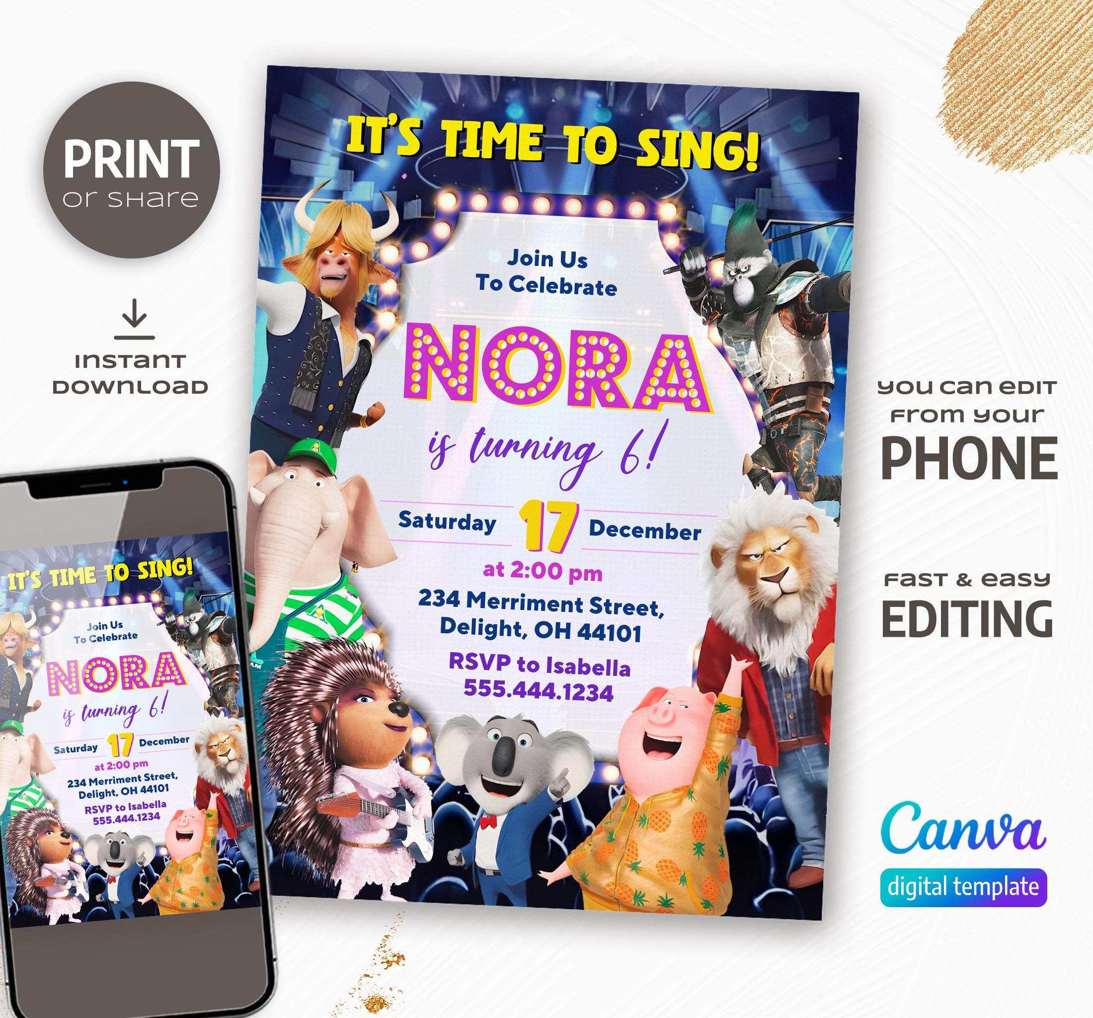 Editable Singer Invitation, Printable Sing 2 Birthday Invitation ...