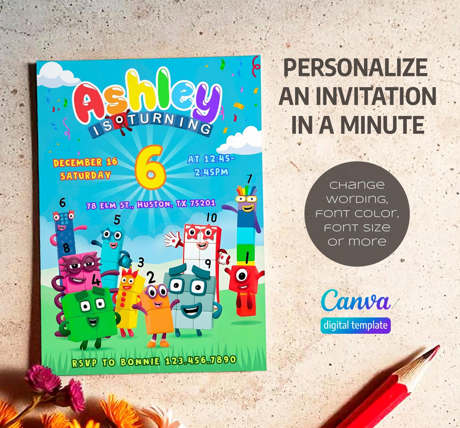 Invitación de cumpleaños de Numberblocks, invitación editable e ...
