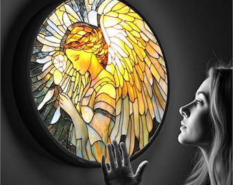 Backlit Angel Wall Decor: Vegan Leather Frame, Dimmable LED