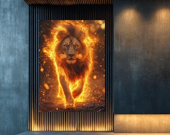 Fiery Lion LED Lightbox Wall Art, Animated Flame Lion Decor, Glowing Power Symbol, Modern Fantasy LED Artwork