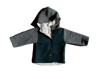 Wollen voorjaarsjack met capuchon voor kinderen – voering deadstock wol en katoen – Handgemaakte duurzame kinderjas