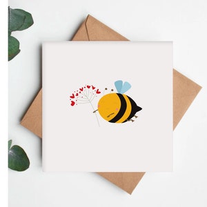 Jolie carte de Saint-Valentin personnalisée avec enveloppe. Carte pour amoureux des animaux. Carte de Saint-Valentin abeille. Carte ballon coeurs fleurs.