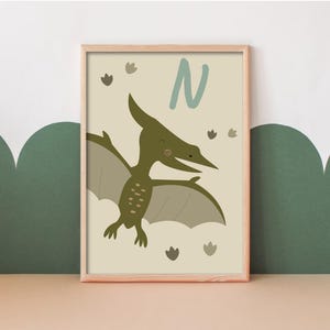 Impressão personalizada de dinossauro para berçário. Impressão personalizada de dinossauro verde. Impressão de dinossauro para berçário. Impressão de pterossauros. Impressão de letras/nomes (somente impressão)