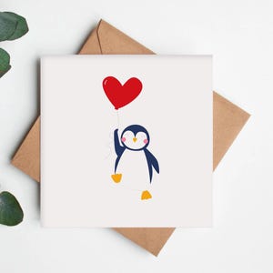 Gepersonaliseerde schattige valentijnskaart. Dierenvriendkaart. Valentijnskaart pinguïn. Hartballonkaart.