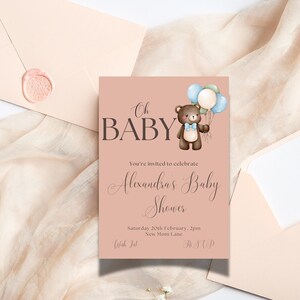 Editable Neutral Unisex Baby Shower Invitation | Digital Editable Template | Printable with Teddy Bear & Balloons Theme | Edit in Canva